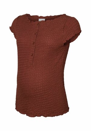 Top marrone a maniche corte in maglia strutturata con patta di bottoni e bordi smerlati su collo, maniche e orlo.