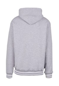 Hooded sweatshirt in light gray fleece, featuring a rounded hem, ribbed cuffs, and striped accents on the hem and cuffs.