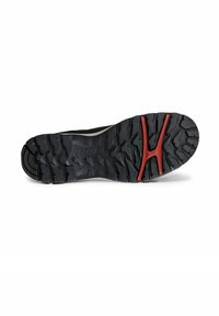 Suela de zapato negra y resistente con surcos profundos e inserto en forma de Y rojo, mostrando el nombre de la marca "ecco" y la talla 39 sobre un fondo blanco.