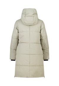 Doudoune dans un beige clair avec une capuche, présentant des sections matelassées horizontales, des zips latéraux et des poignets de couleur noire.