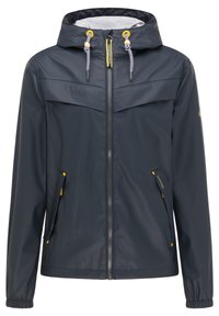 Veste imperméable à capuche navy avec fermeture éclair sur le devant, capuche à cordon avec perles en bois et poches latérales zippées avec accents jaunes.