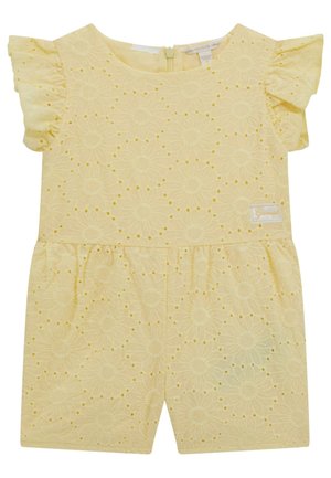 Yellow embroidered romper features floral patterns, ruffle sleeves, a zipper closure at the back, and a gathered waist.