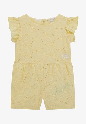 Żółty kombinezon z haftem, zdobiony kwiatowymi wzorami, z falbanami na rękawach, zamkiem błyskawicznym z tyłu oraz marszczonym stanem.