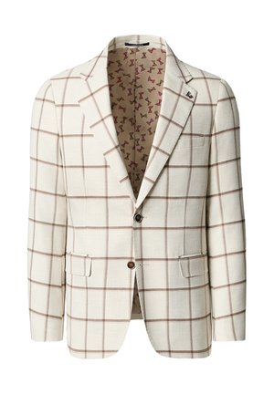 Kremowa marynarka w brązową kratę okienkową, zapinana na dwa guziki, z klapami z wycięciem, kieszeniami z patkami oraz podszewką wewnętrzną w wzór kokardki.
