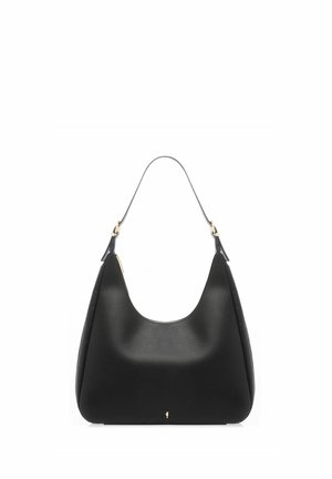 Czarna skórzana torebka na ramię ze złotymi metalowymi elementami, pojedynczym paskiem oraz subtelnym złotym logo w dolnej centralnej części.