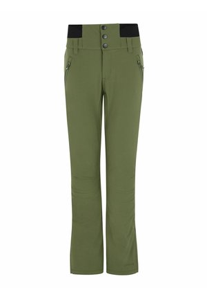 Grüne Softshell-Hosen mit einem schwarzen Bund, ausgestattet mit zwei seitlichen Reißverschlusstaschen und drei Knöpfen vorne, maßgeschneiderte Passform für Bewegungsfreiheit.