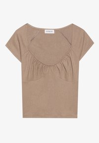 Brązowy prążkowany crop top z szerokim okrągłym dekoltem, rękawami na ramiona i marszczeniami pod biustem. Miękka tekstura z delikatnym połyskiem.
