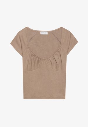 Brown ribbed crop top with a wide scoop neck, cap sleeves, and gathered detailing under the bust. Soft texture with a subtle sheen.