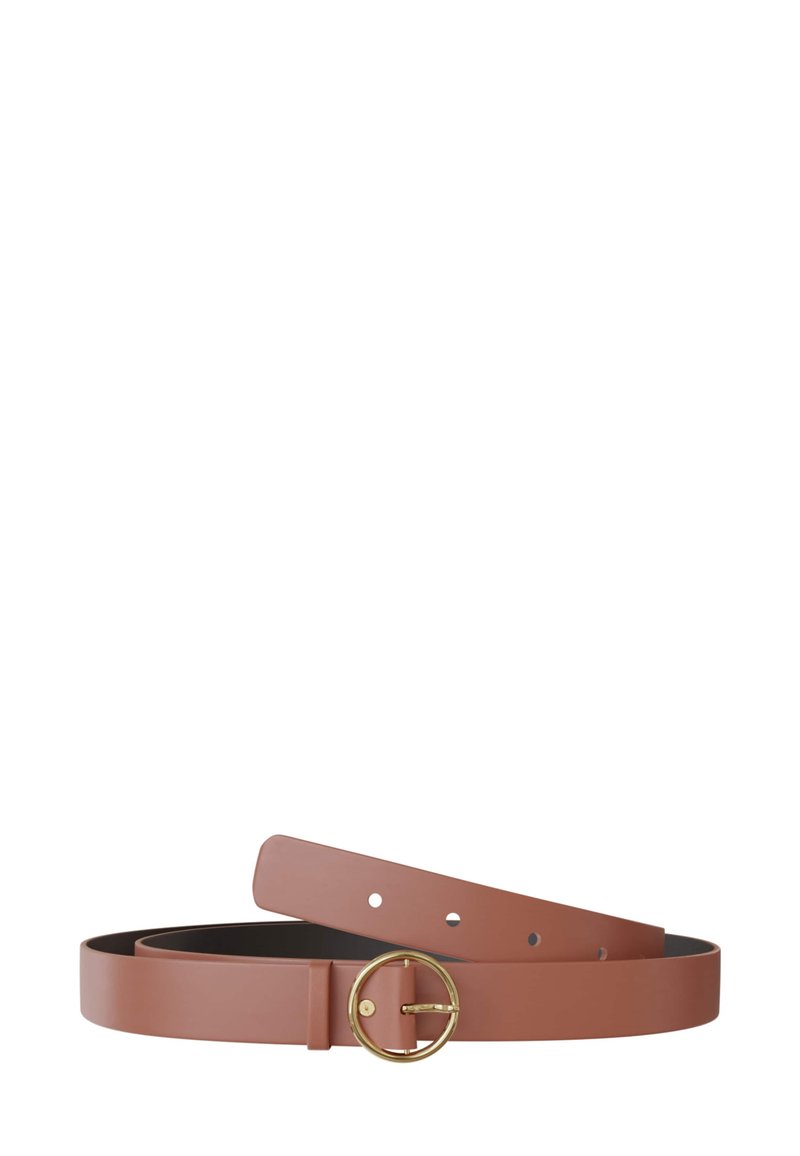 Brown faux leather belt with a circular gold buckle, smooth texture, adjustable with holes, and a minimalist design.