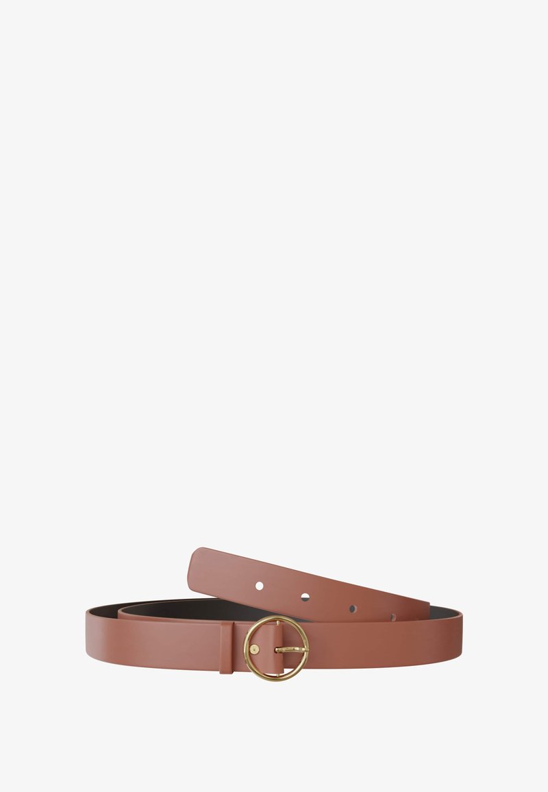 Brown faux leather belt with a circular gold buckle, smooth texture, adjustable with holes, and a minimalist design.