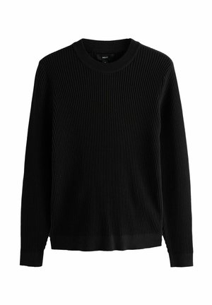 Pulover negru cu striații, cu mâneci lungi, decolteu rotund și tiv drept. Fabricat dintr-un material texturat, având dungi verticale.