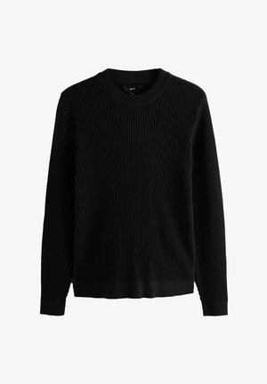 Čierny rebrovaný sveter s dlhými rukávmi, okrúhlym výstrihom a priamej spodnej časti. Vyrobený z textúrovanej látky, s vertikálnymi pruhmi.