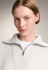 Hellgrauer Zip-Pullover mit strukturiertem Kragen, gerippten Akzenten und glattem Körper. Das Model trägt ein weißes Oberteil darunter.