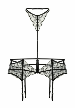 Set di lingerie in pizzo nero con motivi floreali, design a ritagli, spalline regolabili e attacchi per reggicalze, che offre una delicata texture a rete.