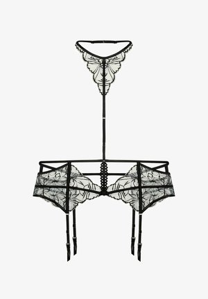 Set di lingerie in pizzo nero con motivi floreali, design a ritagli, spalline regolabili e attacchi per reggicalze, che offre una delicata texture a rete.