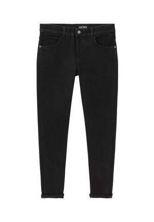 Jeans noir slim en denim de coton, avec cinq poches, garnitures argentées et revers roulés pour une apparence ajustée.