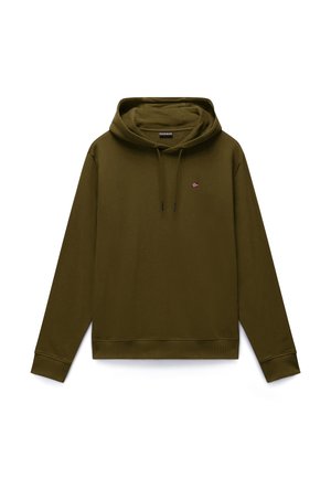 Olivgrüner Hoodie mit langen Ärmeln, Vorder tasche, Kordelzug an der Kapuze und kleinem norwegischem Flaggenlogo auf der Brust.