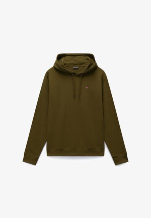 Oliivinvihreä pitkähihaisen huppari, jossa etutasku, säädettävä hupun nyöri ja pieni norjalaisen lipun logo rinnassa.