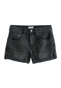 Schwarze Denim-Shorts mit umgeschlagenem Saum, zwei frontalen Taschen und Knopfverschluss. Glatte Textur und leichter Stretch für zusätzlichen Komfort.