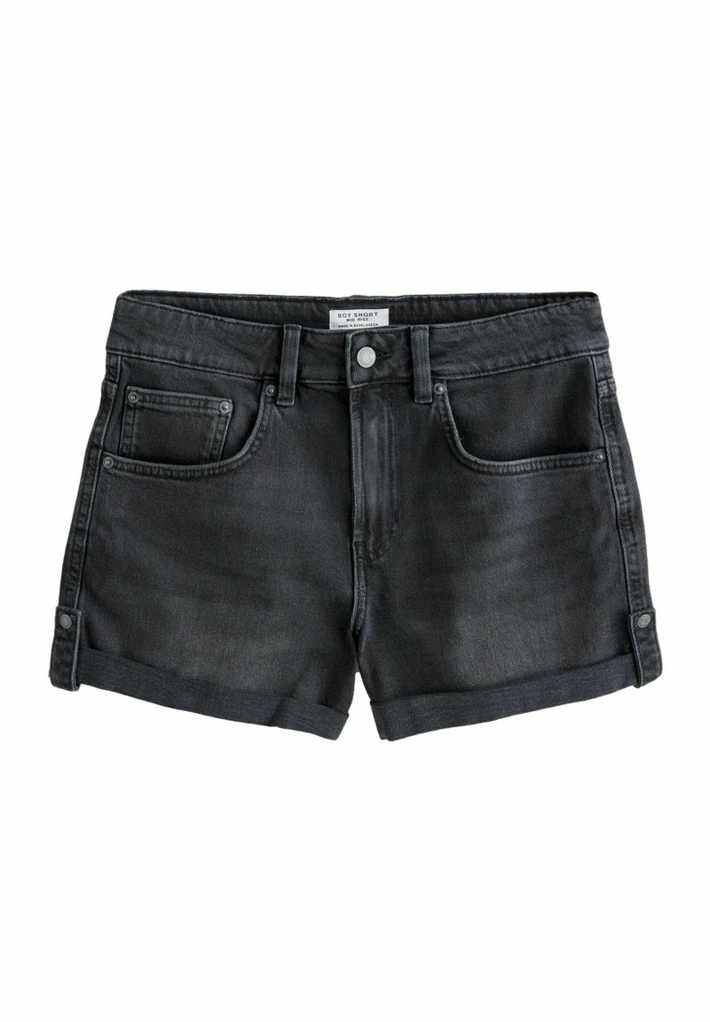 Schwarze Denim-Shorts mit umgeschlagenem Saum, zwei frontalen Taschen und Knopfverschluss. Glatte Textur und leichter Stretch für zusätzlichen Komfort.