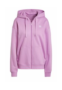 Fialová mikina na zip s kapucí na šňůrku, předními kapsami, žebrovanými manžetami a bílým logem Adidas na levé hrudi.