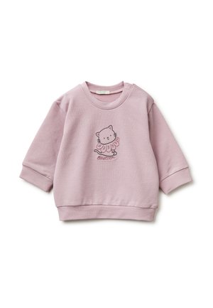 Sudadera rosa claro para niños pequeños con mangas largas y un gato bordado en el frente que lleva un collar de flores y la palabra "Brettern".