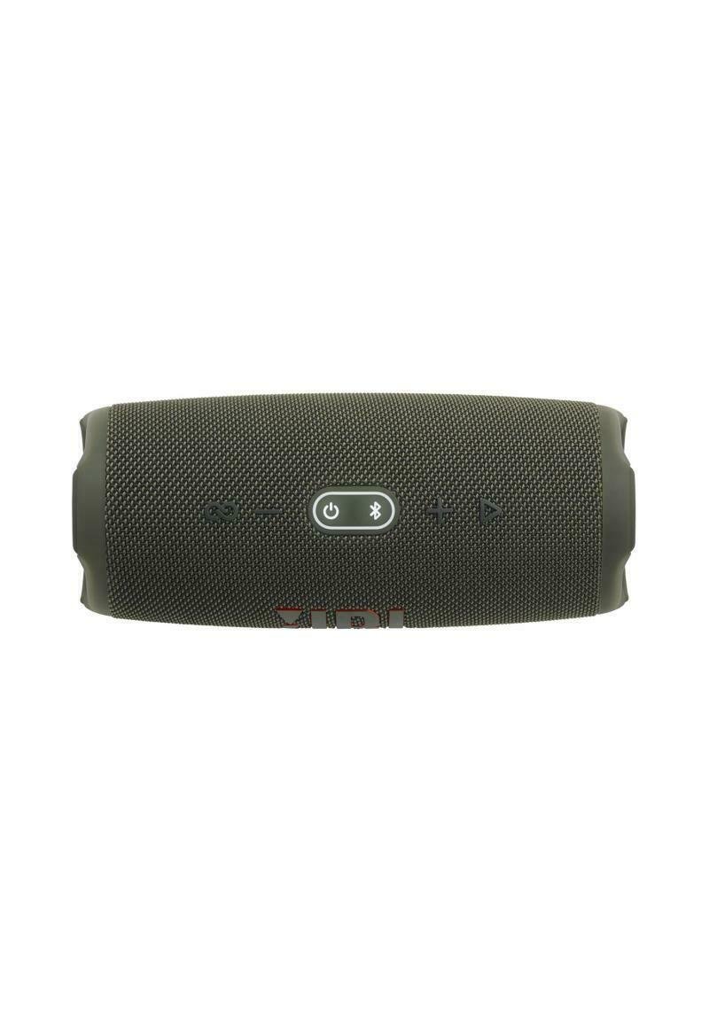 Draagbare Bluetooth-speaker, cilindervorm, donkergroene stoffen textuur, bedieningsknoppen voor aan/uit en volume bovenop, duurzame behuizing.