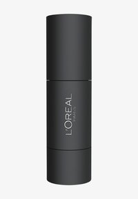 Zwarte cilindervormige fles met een matte afwerking, met witte tekst "L'ORÉAL PARIS." Compac ontwerp met een gladde, strakke textuur.