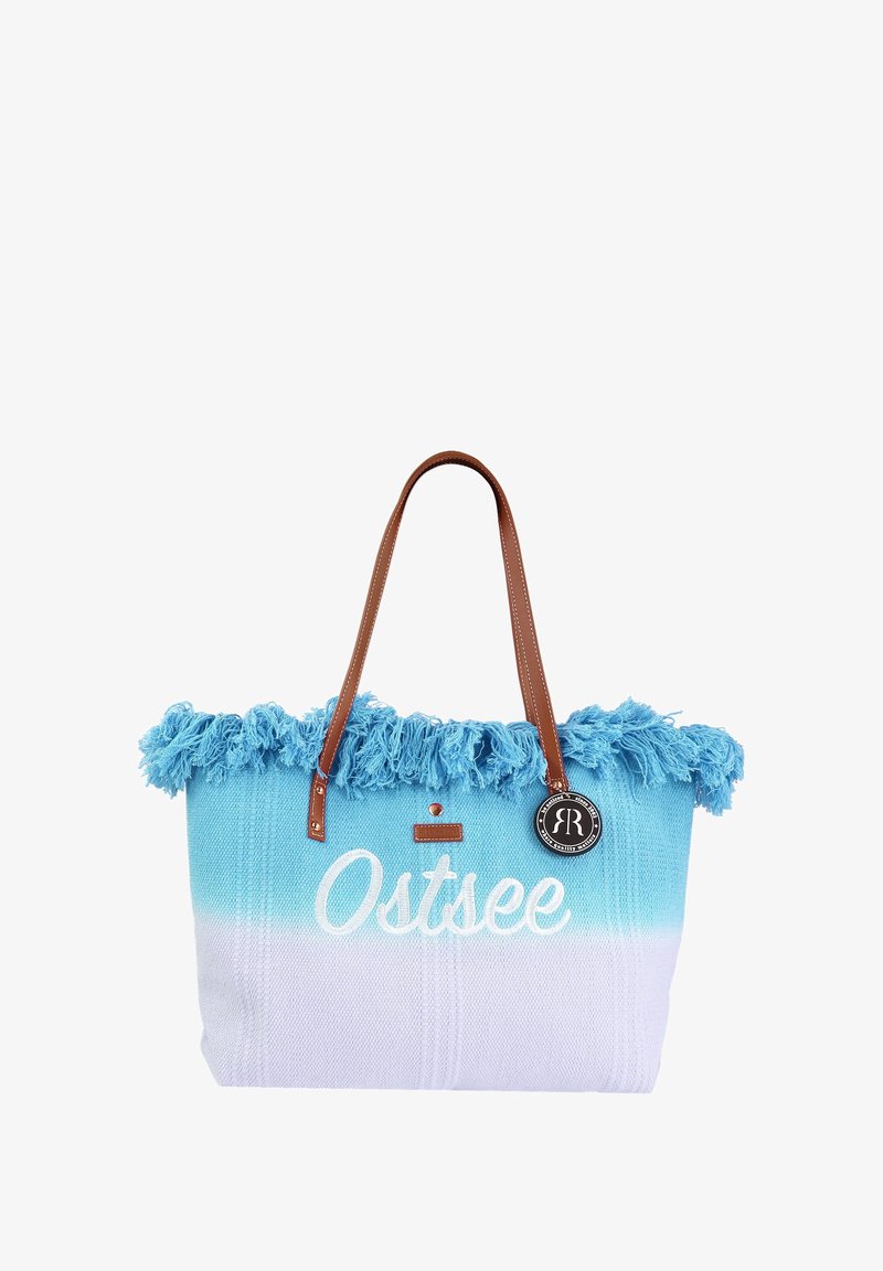 Blau-witte geweven tote bag met rafelige randen, leren handvatten en een label. Bevat het woord "Ostsee" in witte letters.