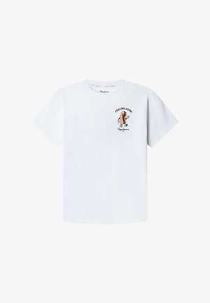 T-shirt bianca in cotone con maniche corte, scollo rotondo e una grafica stampata "FEELING GOOD" con un personaggio sul lato sinistro del petto.