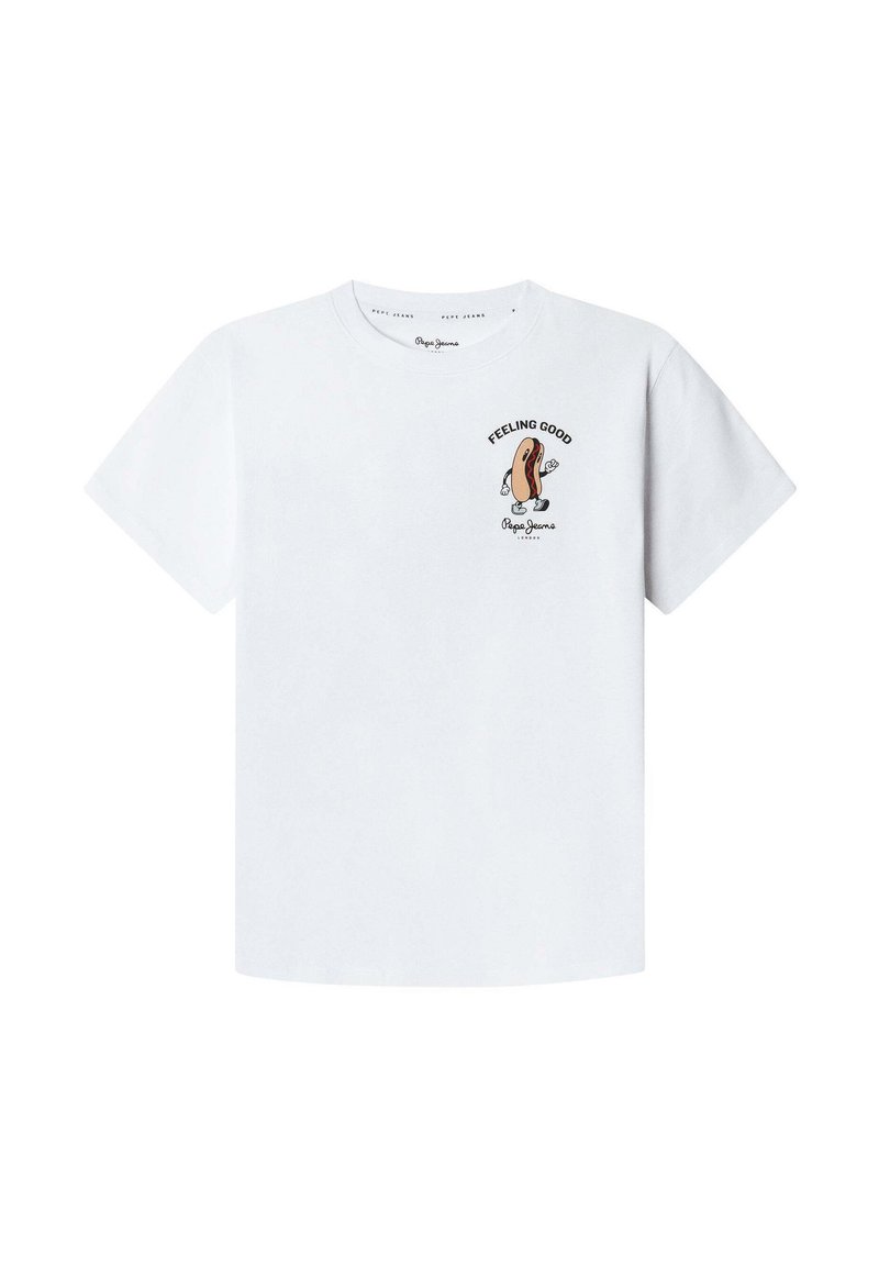 Camiseta blanca de algodón con mangas cortas, cuello redondo y un gráfico impreso que dice "SENTIÉNDOME BIEN" con un personaje en el lado izquierdo del pecho.
