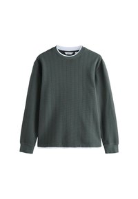 Mørkegrøn ribbede sweatshirt med lange ærmer, rund halsudskæring og kontrastfarvet hvid inderskalskrave. Har et tekstureret stofdesign.