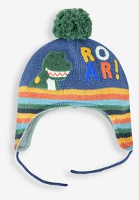 Pletená čepice modré barvy se zeleným bambulí, která disponuje grafikou dinosaura a slovy "ROAR!" v pruhovaném vícebarevném designu a ušnicemi.