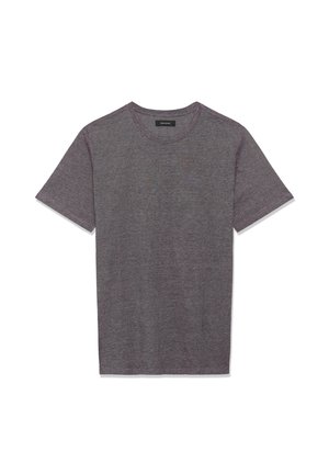 Schlichtes T-Shirt mit kurzen Ärmeln und Rundhalsausschnitt in meliertem Dunkelgrau mit einem kleinen schwarzen Markenlabel am Halsausschnitt.