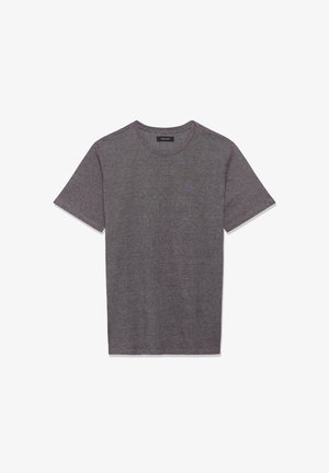 Schlichtes T-Shirt mit kurzen Ärmeln und Rundhalsausschnitt in meliertem Dunkelgrau mit einem kleinen schwarzen Markenlabel am Halsausschnitt.