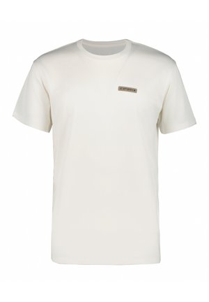 White short-sleeve t-shirt made of soft fabric featuring a small, rectangular logo tag in a contrasting color on the left chest area.