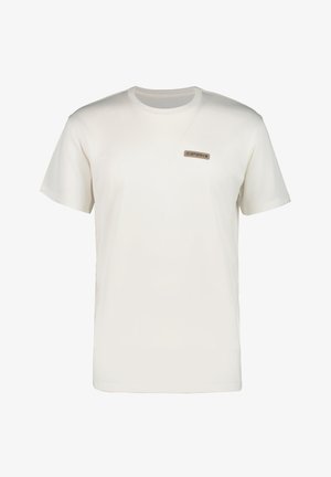 White short-sleeve t-shirt made of soft fabric featuring a small, rectangular logo tag in a contrasting color on the left chest area.