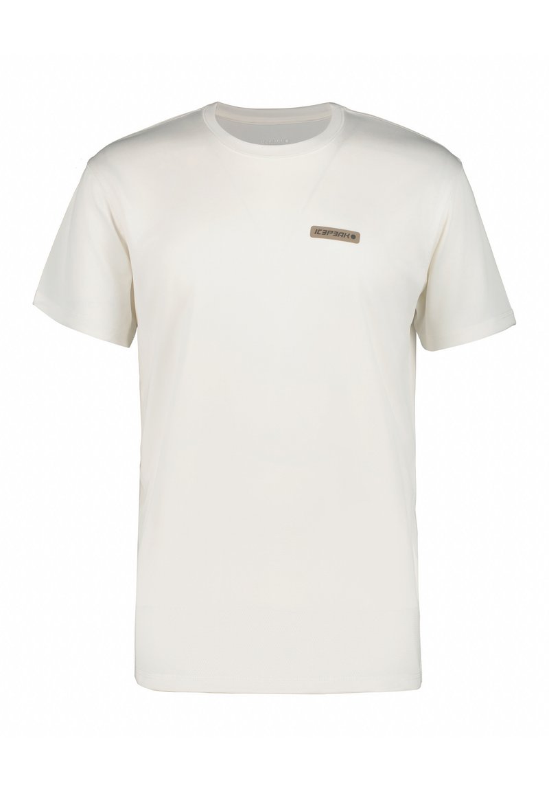 Bílý tričko s krátkým rukávem vyrobené z měkké tkaniny, s malou, obdélníkovou nášivkou v kontrastní barvě na levé části hrudníku.