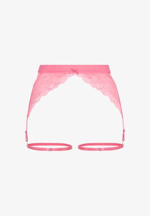 Giarrettiera rosa in pizzo con design floreale trasparente, fascia in raso e dettaglio fiocco decorativo. Spalline regolabili per una vestibilità sicura.