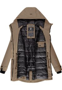 Tan hooded jacket with a black quilted lining. Features include zippers, adjustable drawstring, and textured cuffs. Label visible inside.