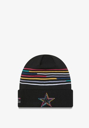 Berretto di maglia nera con strisce orizzontali multicolori e un emblema a stella ricamato sul davanti. Texture liscia, design aderente.