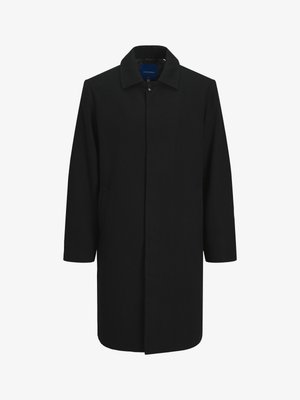 Sort uldfrakke med lige snit, knaplukning, stort krave og to sidelommer. Glat tekstur og minimalistisk design.