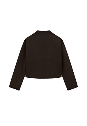 Veste noire raccourcie avec des manches longues, un col rond et un design minimaliste. L'arrière présente une apparence sans coutures avec des coutures discrètes.