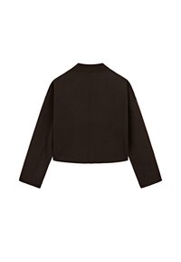 Avkortad svart jacka med långa ärmar, rund halsringning och minimalistisk design. Baksidan har ett sömlöst utseende med subtila sömmar.