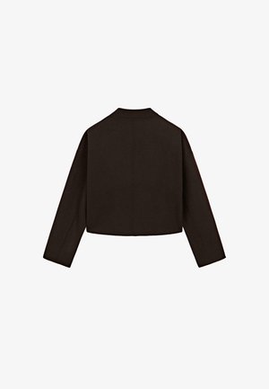 Croppet sort jakke med lange ærmer, rund halsudskæring og et minimalistisk design. Bagsiden har et sømløst udseende med diskret syning.