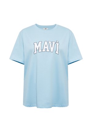 Light blue short-sleeve T-shirt with "MAVI" printed in large white outlined letters across the chest.