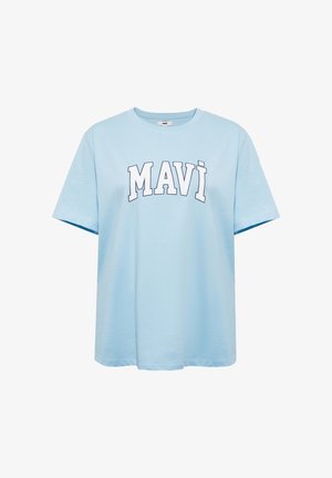 Light blue short-sleeve T-shirt with "MAVI" printed in large white outlined letters across the chest.