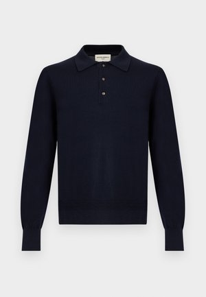 Long-sleeve navy blue polo shirt with three buttons, ribbed cuffs, and a folded collar on a white background.