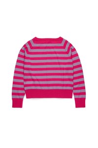Crew-neck strikkegenser med horisontale striper i fuchsia og lys grå, med ribbestrikkede mansjetter og kant. Myk tekstur og normal passform.