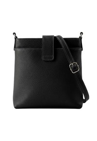 Schwarze Lederhandtasche mit einer genarbten Textur, rechteckiger Form und einem oberen Klappenverschluss. Verfügt über einen abnehmbaren Schulterriemen und Kontrastnähte.